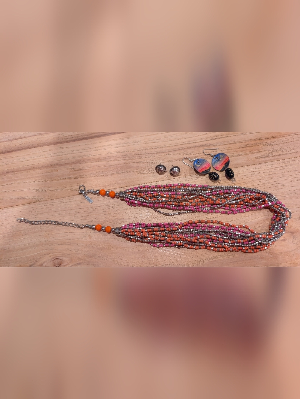Multi-Strand Pink, Orange And Silver Beaded Necklace And Matched Earrings